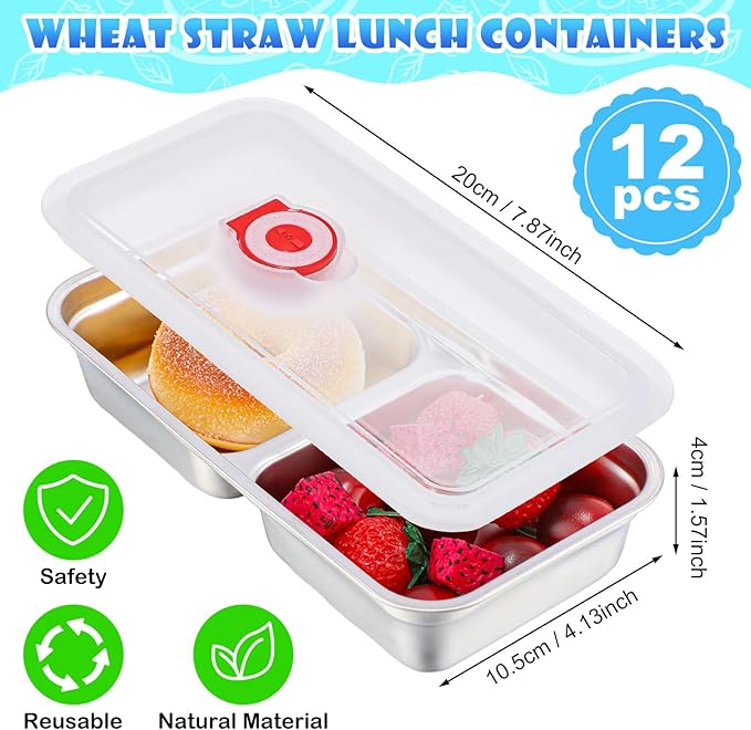 12 Pcs Stainless Steel Snack Containers 30 oz 2-compartment Meal Prep Containers Reusable Metal Divided Bento Box with Silicone Lids Leakproof Lunch Box Dishwasher Safe (White)