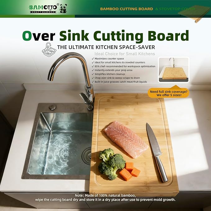 16 x 22 Inch Bamboo Cutting Board, Over-the-Sink Board and Stovetop Cover with Detachable Support Legs & Front Lip, for RV Camper and Home Kitchen