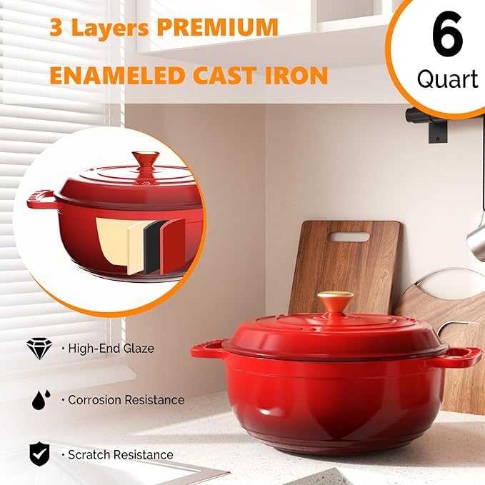 ROVSUN Enameled Cast Iron Round Dutch Oven, 6QT Pot with Lid &Dual Handles with Silicone Gloves,Oven Safe up to 500°F, Heavy-Duty Pre-Seasoned Cookware for Bread Baking, Braising, Stews, Roasting, Red