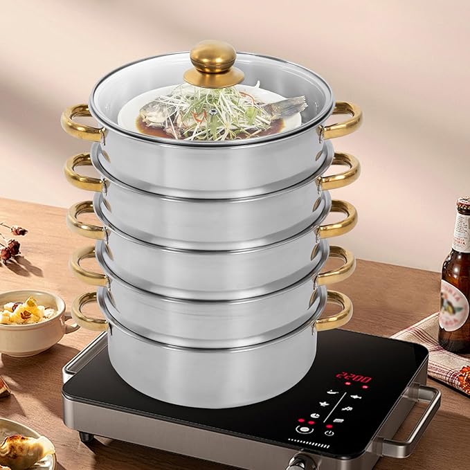5-Tier Stainless Steel Steamer Pot, 2.38 Gal Large Capacity Food Steam Basket Set with Clear Lid, Multi-Layer Stackable Steamer for Vegetables, Meat, Dumplings, Healthy Cooking, Induction & Gas Stove Compatible