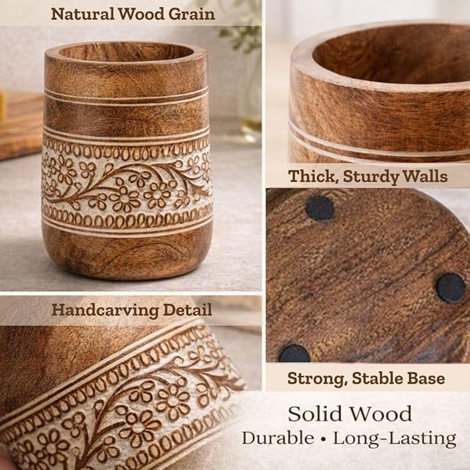 Mie Creations Farmhouse 7'' Large Utensil Holder for Kitchen Counter | Handcrafted Wooden Utensils Crock Cooking Spatula Organizer | Elegant Floral Utensil Caddy, Christmas Thanksgiving Decor- White