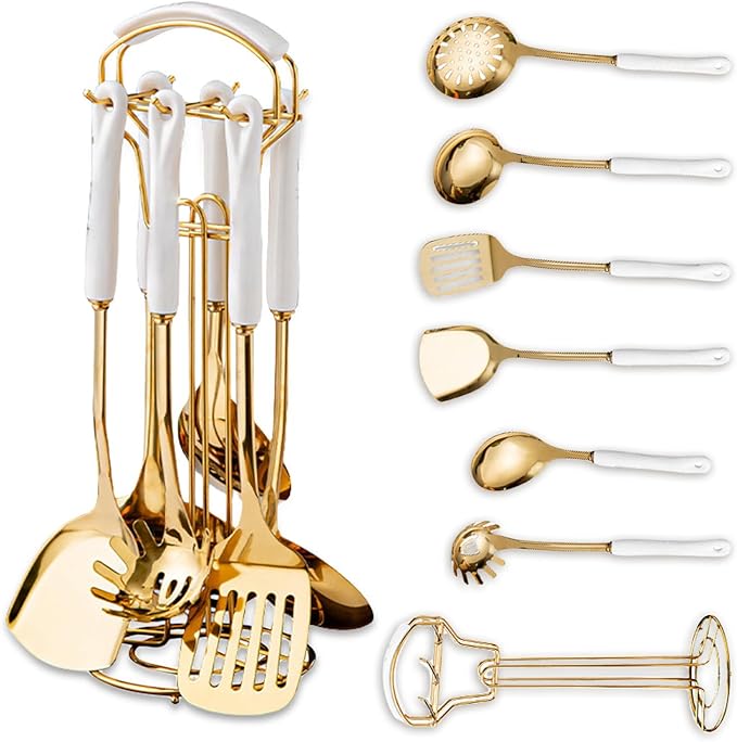 Gold Kitchen Utensils,7 Pieces Cooking Utensils Set,Kitchen Tools Set With Utensil Holder, Gold Kitchen Accessories,Dishwasher Safe, Easy To Clean(White)