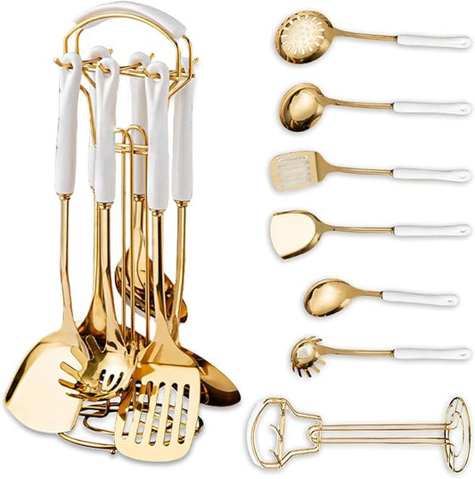 Gold Kitchen Utensils,7 Pieces Cooking Utensils Set,Kitchen Tools Set With Utensil Holder, Gold Kitchen Accessories,Dishwasher Safe, Easy To Clean(White)