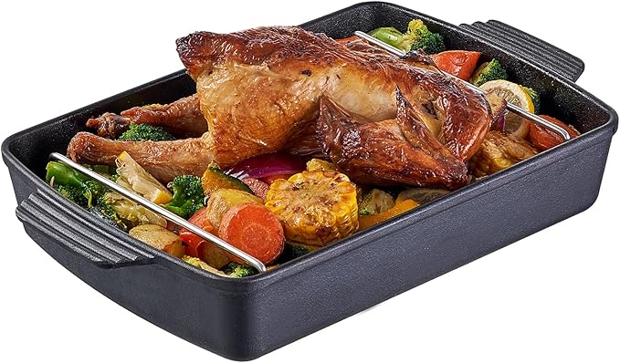 Cast Iron Roasting Pan with Rack, 9 x 12.6 Inch Heavy Duty Turkey Roaster, Induction Compatible Meat Broiler Pan for Stovetop and Oven