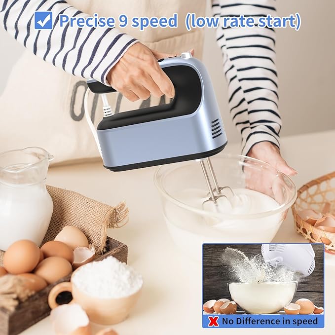 9-Speed Digital Hand Mixer Electric, 400W Powerful DC Motor, Hand Mixer Electric Handheld with Snap-On Storage Case, 5 Stainless Steel Accessories, Beaters, Dough Hooks, Whisk(Ocean Blue)