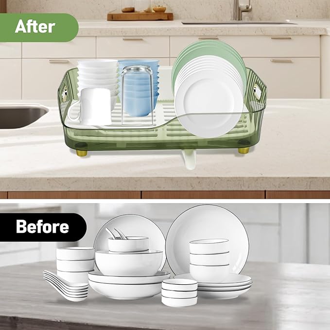 Dish Drying Rack, Plastic Dish Rack, Large Capacity Dish Drainer Rack, Space Saving Plate Drying Rack, Clear Kitchen Draining Rack for Chopsticks Bowl Plate Spoon (Green)