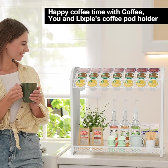 Coffee Pod Organizer for Countertop, Bamboo K Cup Holder, Easy Assembly Coffee Station Organizer for Home Office Coffee Bar, White