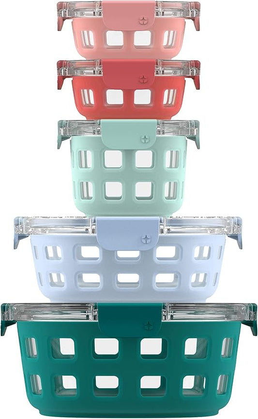 Ello Duraglass Mixed Meal Prep Sets Leak-Proof Glass Food Storage Containers with Silicone Sleeves and Airtight BPA-Free Lids, Dishwasher, Microwave, and Freezer Safe