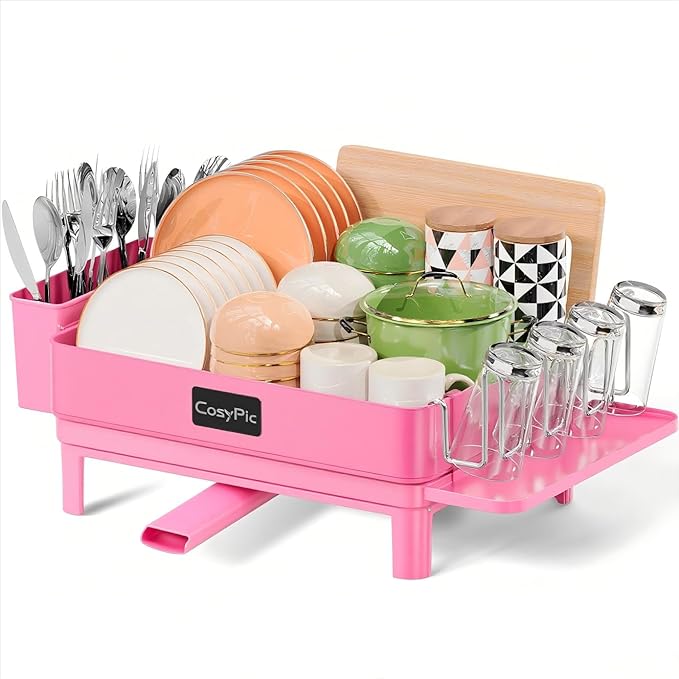 Dish Drying Rack, Thicker Premium 304 Stainless Steel Dish Racks for Kitchen Counter, Sink, Large Dish Drainer & Drainboard Set with Utensil Holder and Cup Holder, Pink