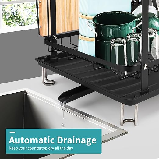 Dish Drying Rack,16.5 * 11.8 * 13.6'' 2 Tier Over The Sink Dishrack Strainer,Large Capacity W/Drainboard and Utensil Holder,Auto-draining,Non-Slip for Kitchen Counter