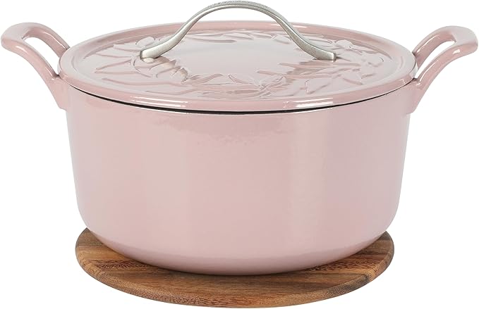 Bloomhouse 7 Qt Cast Iron Dutch Oven W/Embossed Lid, European Enamel, & Walnut Wood Trivet - Orchid Pink