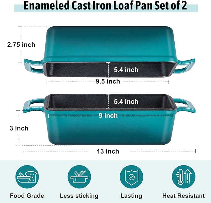P&P CHEF 2-In-1 9 x 5 Inch Cast Iron Loaf Pan with Lid (Dark Green), Bread Loaf Pans for Baking Homemade Sourdough Bread, Meatloaf, Toast, Cake, Nonstick & Healthy & Sturdy, 2 Piece Set