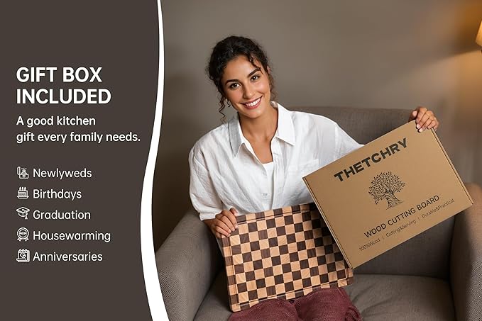 Cutting Boards for Kitchen, Extra Large Chopping Board for Stovetop, Checkered Acacia Wood Cutting Board with Juice Grooves, Butcher Block with Gift Box, 20" x 15" x 1"