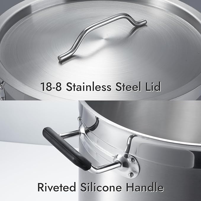 CURTA 75 Quart Large Stock Pot with Lid - Bottom Width 17.7 Inches - NSF Listed 3-Ply Clad Base 18/8 Stainless Steel Commercial Induction Ready Cookware