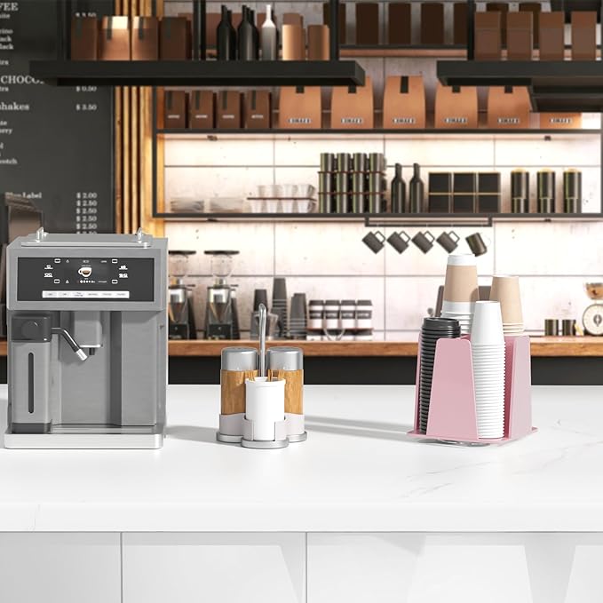 Coffee Cup Organizer for Countertop - Rotating Plastic Cup Holder 4 Compartments Pink Acrylic Cup and Lid Holder for Coffee Bar Restaurant Breakroom Disposable Paper Coffee Cup Dispenser