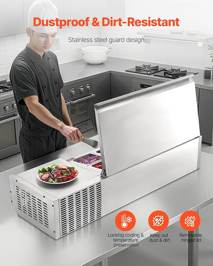 VEVOR Refrigerated Condiment Prep Station, 130 W Countertop Refrigerated Condiment Station, with Two 1/3 Pans & Four 1/6 Pans, 304 Stainless Body and PC Lid, Sandwich Prep Table with Stainless Guard