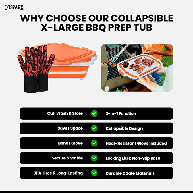 XL Collapsible BBQ Prep Tub with Cutting Board & Drain Plug – Portable Food Prep Station for Kitchen, Camping & Grill – Dishwasher Safe, Space-Saving Design – (Orange)