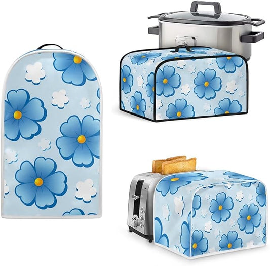 Blue Floral 2 Slice Toaster Cover Small Appliance Cover 3-Pcs Set,Bread Toaster , Blender and Slow Cooker Dust and Fingerprint Protection, Machine Washable Kitchen Decor (Blue)