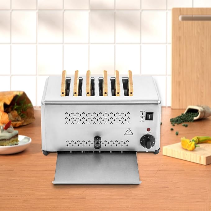 6 Slice Bread Toaster, 1650W Stainless Steel Commercial Toaster with Wide Slots, Electric Bread Baking Machine with Timing Function, 5 Settings for Restaurant Kitchen, Bakery, Home Use