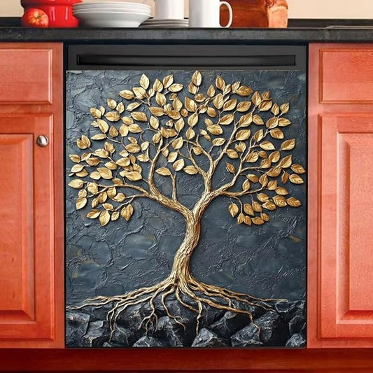 Tree of Life Dishwasher Magnet Cover, Farm Tree Refrigerator Magnetic Vinyl Sticker for Dishwasher Door, Gold and Black Decorative Kitchen Appliance Panel Decal, 23Wx26H Inches