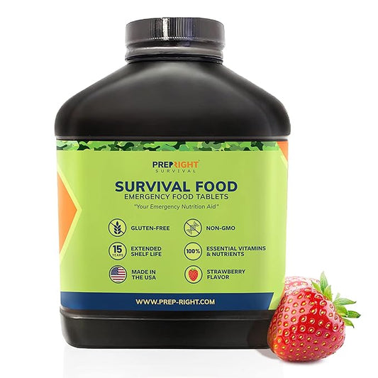 Prep-Right Survival - Survival Food Tabs, MRE for Camping, Hiking, and Prepper Supplies, Long Term Food Storage, Gluten Free and Non GMO, 15 Year Storage Shelf Life, 180 Count, Strawberry
