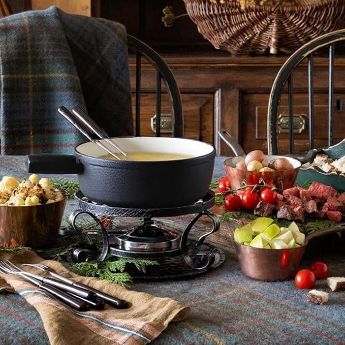 Artestia Cast Iron Fondue Pot Set for Cheese & Chocolate, Fondue Set for 6 with Burner & 6 Forks, Swiss Fondue Pot for Party, Family & Gift, Black