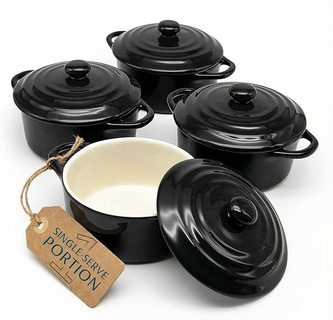 Kook Ceramic Mini Cocotte Set, Small Casserole Dishes with Lids and Handles, Individual Baking Ramekins, Oven safe 500F, Microwave & Dishwasher Safe, Stoneware, 12 oz, Set of 4, (Black)