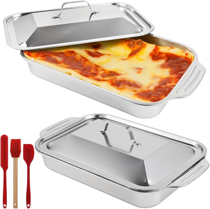 2 Pcs Stainless Steel Cake Pans, 9x13 Rectangular Baking Pans with Silicone Brush & Spatula, Cake Baking Trays with Double Handle, Rectangle Baking Bakeware for Breads, Meats (With lid)