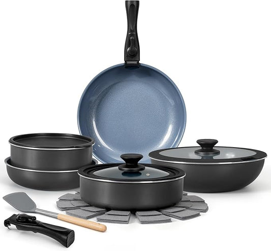 15 Pcs Pots and Pans Set Non Stick, Detachable Handle Ceramic Cookware Sets Nonstick, Non Toxic Induction RV Kitchen Cooking Set with Removable Handles, Dishwasher/Oven Safe, Easy Clean
