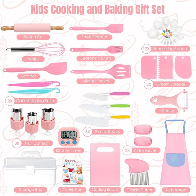 37PCS Kids Cooking Sets Real, Kids Cooking and Baking Gift Set with Storage Case Timer Kid Safe Knives Cutting Board, Toddler Real Kitchen Tools, Birthday Gifts for Girls Boys Age 3 - 8