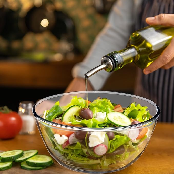 4.7QT Large Glass Mixing Bowl with Lid, Clear Glass Salad Cooking Bowls for Sourdough, Salad and Storage Prepping and Baking Food Storage Set