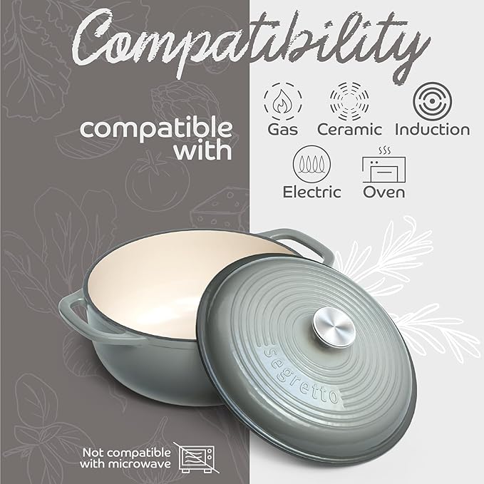 Segretto Cookware Enameled Cast Iron Dutch Oven, 6 Quarts, Gray