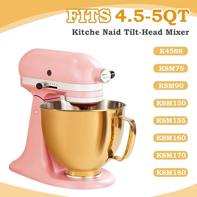 5 Quart Mixing Bowl for KitchenAid Stand Mixers, Food-Grade Stainless Steel Bowl with Handle & Clasp, Compatible with Tilt-Head 4.5–5 Qt Models – Fits K45, K45SS, KSM75