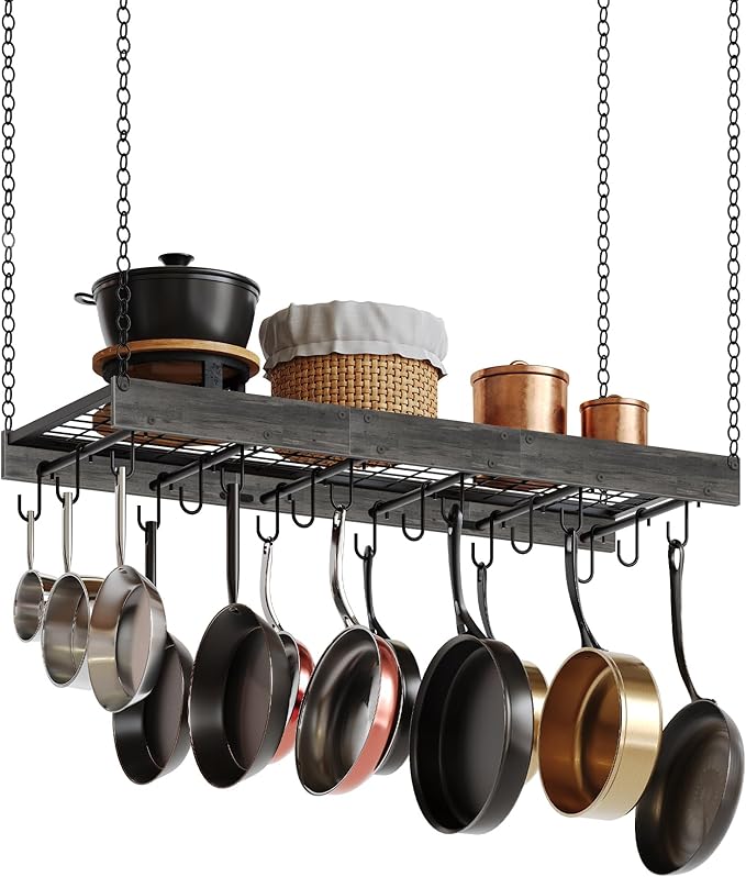 Hanging Pot Rack, 35.4" L x 13" W Ceiling Pot Hanger, Industrial Style Pot Rack, Wall Mounted Pot Hanger for Kitchen, Pot and Pan Hanging Rack, with Hooks, Charcoal Black and Black TPR12BCC1