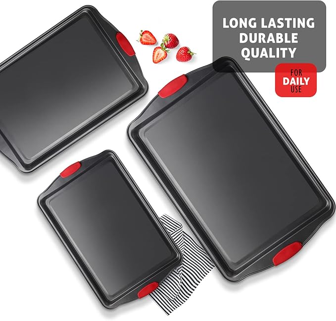 Baking Sheet Set, 3-Piece Cookie Sheet Set with Silicone Handles, Steel Baking Pan, Durable Baking Sheets for Oven, BPA Free Cookie Sheets for Baking Nonstick Set, Premium Sheet Pan, Black Baking Tray