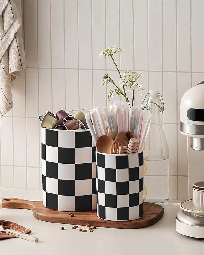 Checkered Utensil Holder, 7.1"+5.8" Inch Ceramic Spatula Holder, Black Cooking Kitchen Utensil Holder for Countertop, Kitchen Decor and Accessories for Counte