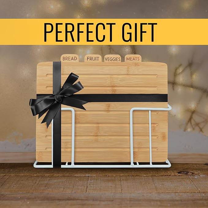 Wood Cutting Board Set with Holder 13"x11"x 3" | Wooden Cutting Boards for Kitchen | Labeled Chopping Board Sets | Large Bamboo Cutting Board Sets with Stand | Chopping Boards for Kitchen