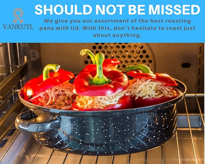 14.6 Inch Roasting Pan with Lid - Covered Oval Roaster - Enamel Carbon Steel Roaster Pot - Excellent Heat Distribution and Non-sticky - for Turkey Chicken Meat & Vegetables -Birthday and Holiday gift