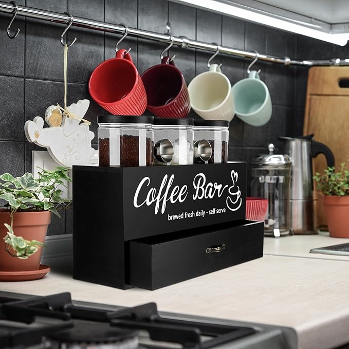 3 Pcs Coffee Canister Set with Shelf and Spoon Plastic Coffee Bean Storage Container with Lids Coffee Storage Box with Drawer Food Storage Jars for Coffee Bar Kitchen (Black)