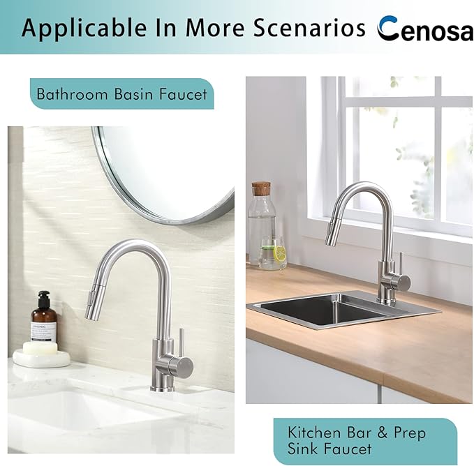 Modern Bar Sink Faucet for Kitchen Sink Single Handle with Pull Out Sprayer Hot and Cold Brushed Nickel CENOSA