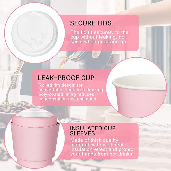 Patelai 48 Pcs 12 oz Disposable Coffee Cups with Lids and Sleeves Bulk, Insulated Hot Chocolate Paper Cup for Hot and Cold Beverage Water Juice Cocoa Tea Party Restaurants Travel Supplies (Pink)