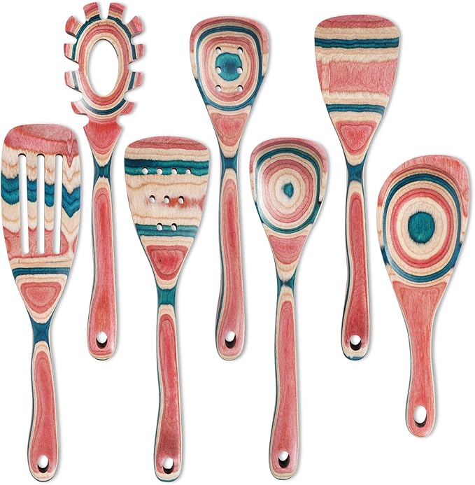 Wooden Spoons for Cooking – 7 Piece Pakkawood Kitchen Utensils Set with Spatulas, Spoons, Ladles, and Turner for Mixing, Serving & Cooking