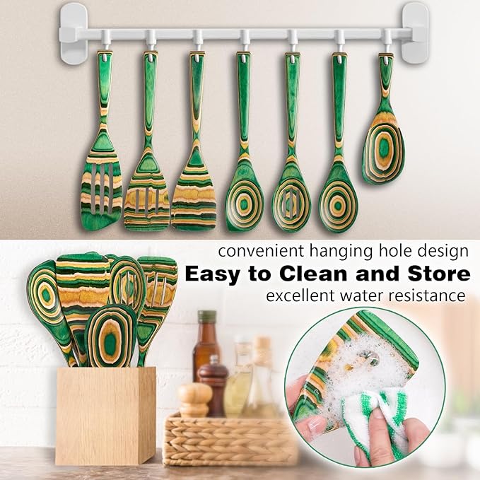 Wooden Spoons for Cooking, Pakkawood Kitchen Utensil Set Oasis Color, Premium Durable Wooden Utensils for Nonstick Cookware, Heat Resistant, Smooth Finish, Comfortable Grip, 7 Piece