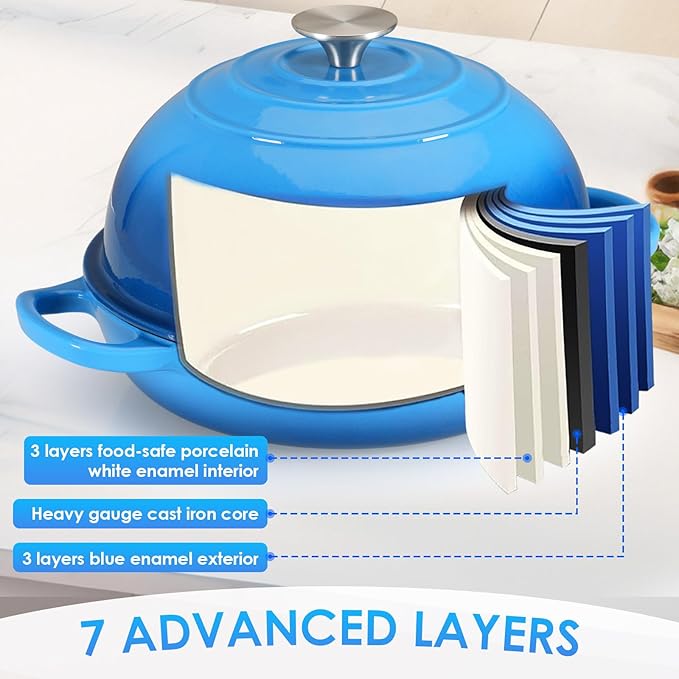 LIFERUN 6qt Enameled Cast Iron Dutch Oven for Sourdough Bread Baking, Non-Stick Dome-Shaped Bread Oven Pot with Lid, Silicone Handles and Scraper, Blue