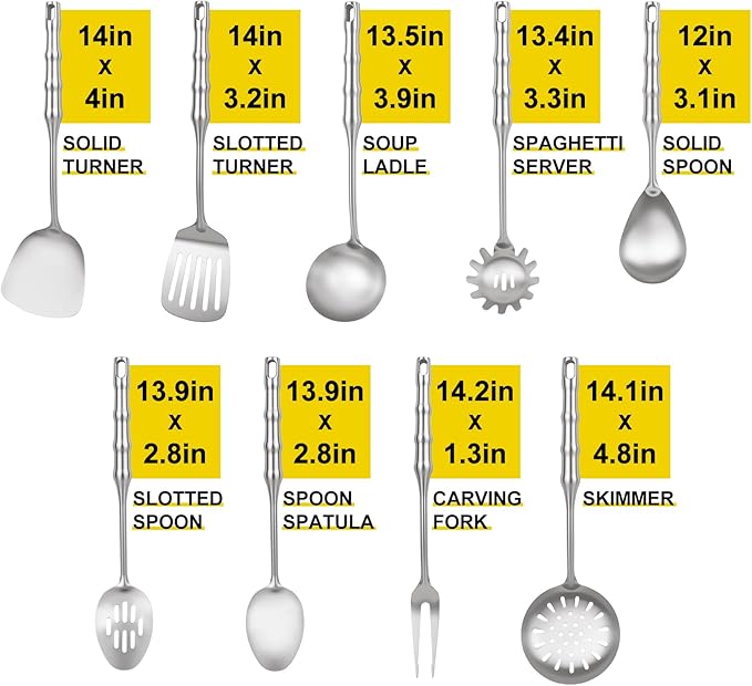 18/10 Stainless Steel Cooking Utensils Set,9pcs Metal Kitchen Utensil Sets 14 inch Long Heavy Duty Kitchen Tools Dishwasher Safe, Include Soup Ladle, Slotted Skimmer Spoon, Spaghetti