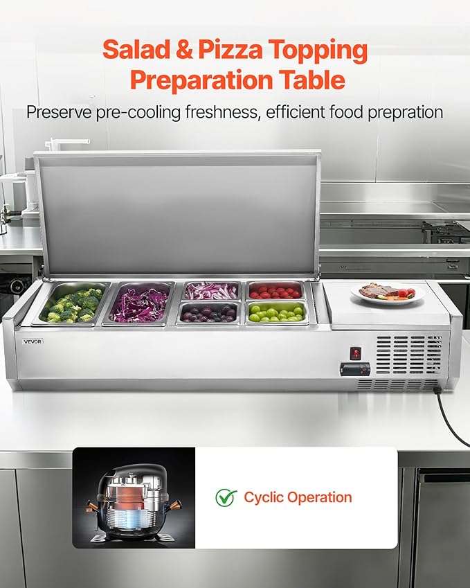 VEVOR Refrigerated Condiment Prep Station, 130 W Countertop Refrigerated Condiment Station, with Two 1/3 Pans & Four 1/6 Pans, 304 Stainless Body and PC Lid, Sandwich Prep Table with Stainless Guard