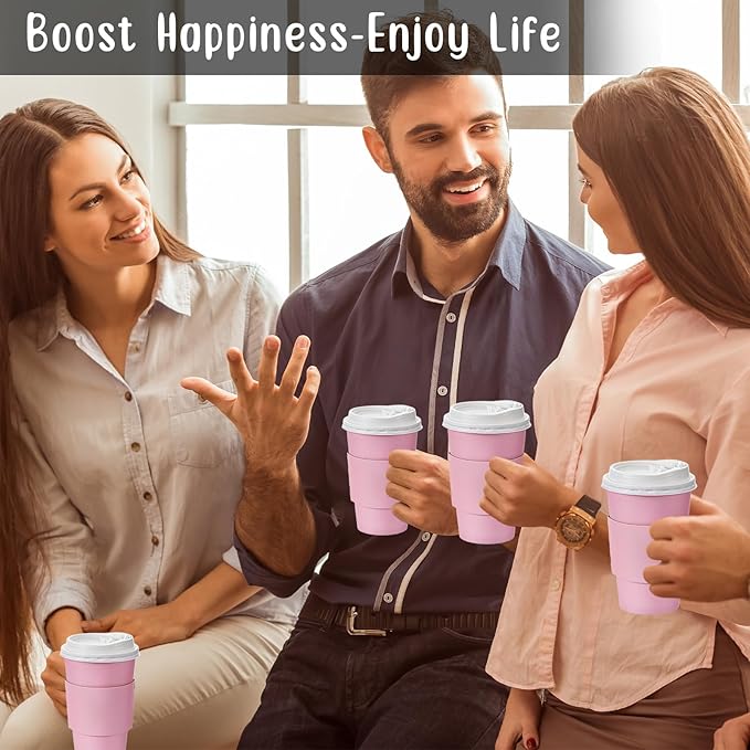 Tioncy 50 Set 16 oz Disposable Coffee Cups with Lids and Sleeves Set Insulated Disposable Hot Travel Paper Cups for Hot Chocolate Cocoa Coffee Tea Cafes Travel Bar Supplies, Leak Proof, Pink