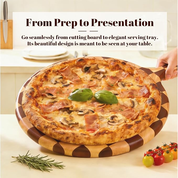 Checkered Round Cutting Board with Handle for Kitchen Decor, 17"L x 13"W x 1" Thick – Wooden Chopping, Cheese & Charcuterie Board in Acacia Wood, Decorative Serving Platter for Meat, Bread & Pizza