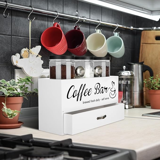 3 Pcs Coffee Canister Set with Shelf and Spoon Plastic Coffee Bean Storage Container with Lids Coffee Storage Box with Drawer Food Storage Jars for Coffee Bar Kitchen (White)