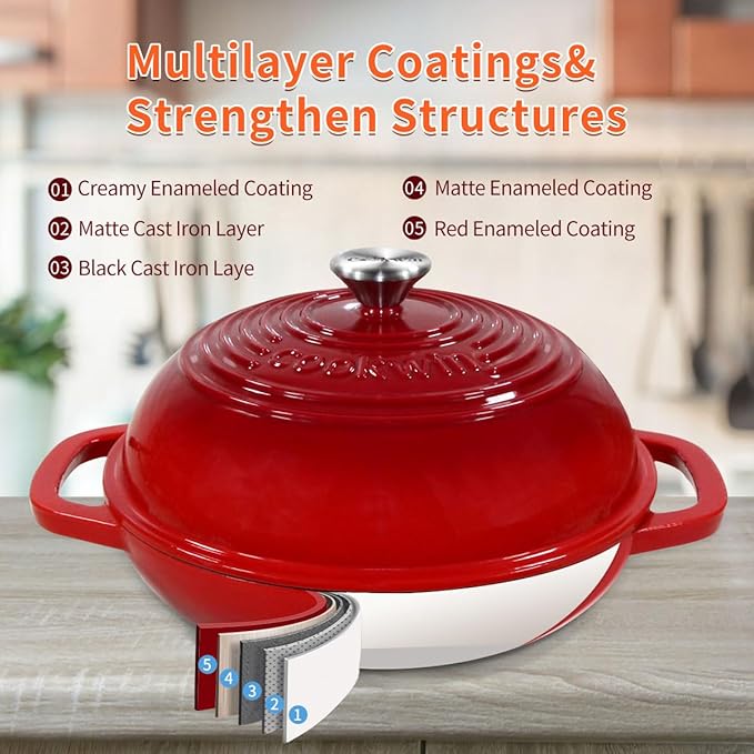 Enameled Cast Iron Bread Oven, 6 Quart Dutch Oven for Bread Sourdough Baking, 11" Thick Enamel Bread Baking Pan Kit with Lid for Stews, Roasts and Gifts for Family, Red